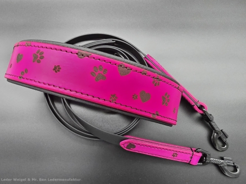 Hundehalsband aus Leder - Pink PfotenHerz